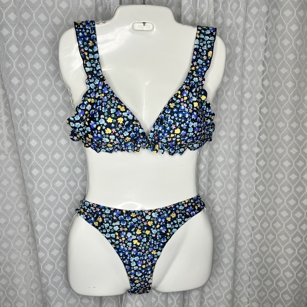 Floral Multi‎ Color Ruffle Bikini Set Tie Back Two Piece Swimsuit L